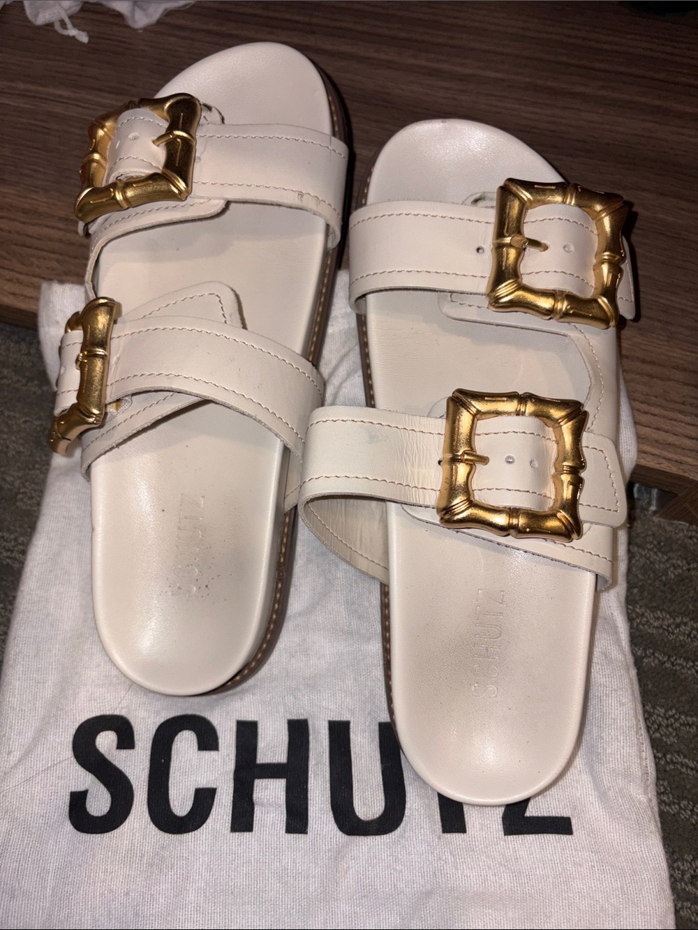 SCHUTZ Enola Pearl Leather Double-Buckle Slide Sandals with Gold Buckles